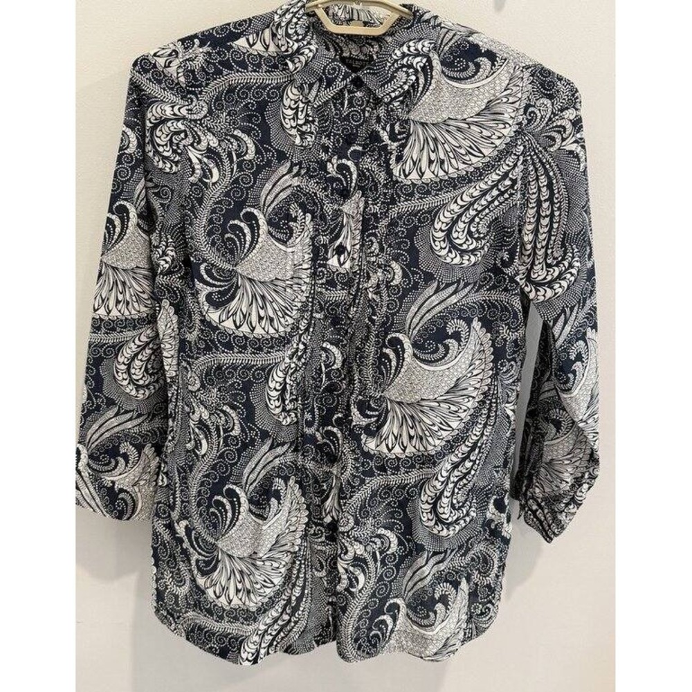 Talbots Petites Blue White Paisley Button Up 3/4 Sleeve‎ Pintuck Cotton Shirt